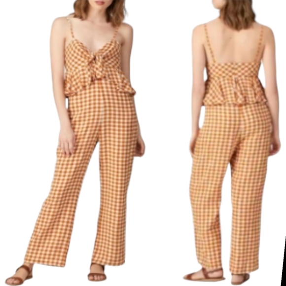 Saylor Women's Laken Gingham Peplum Jumpsuit in Apricot Brown/White sz LG - Picture 5 of 8
